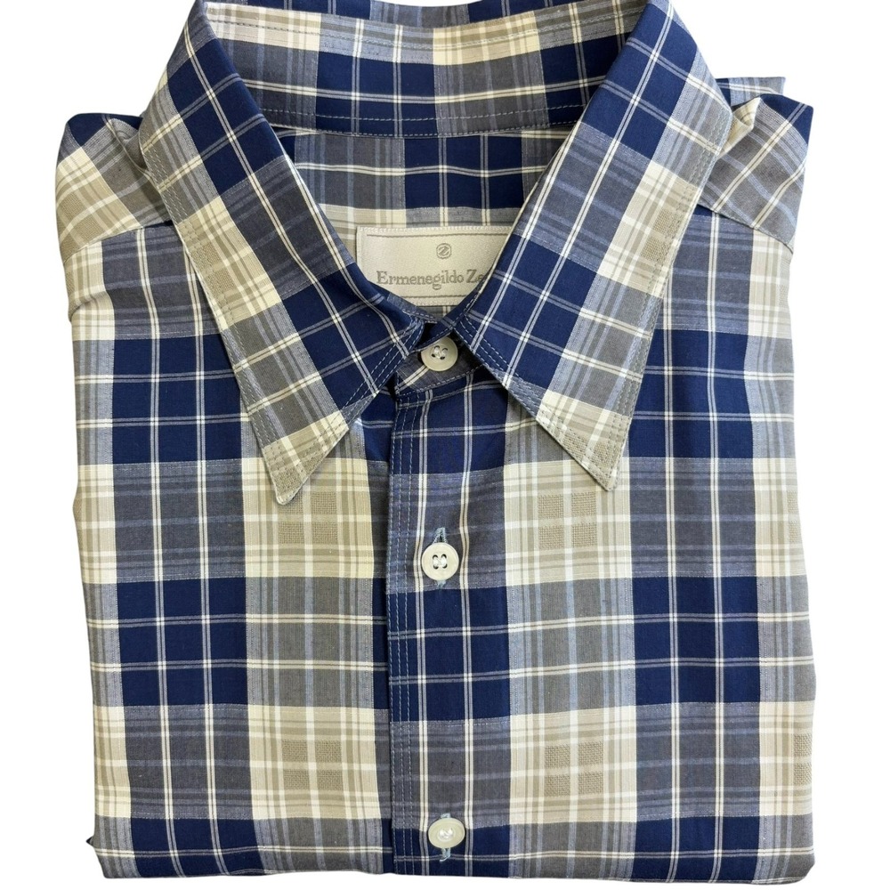 Ermenegildo Zegna Long Sleeve Dress Shirt Mens L Blue Beige Plaid Cotton NEW